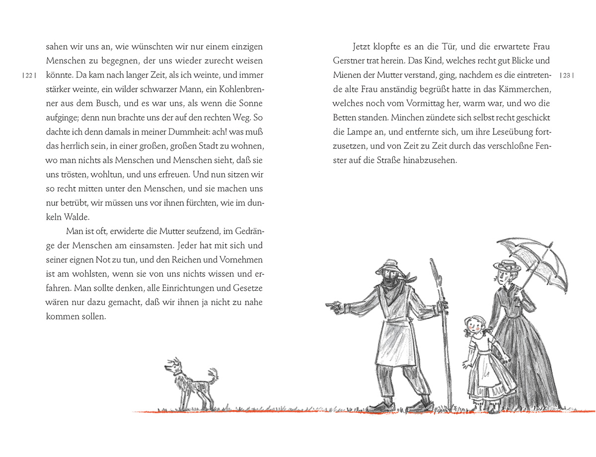 Weihnacht-Abend, Doppelseite aus dem Buch mit Hund, einem Mann, einer Frau mit Schirm und einem Mädchen